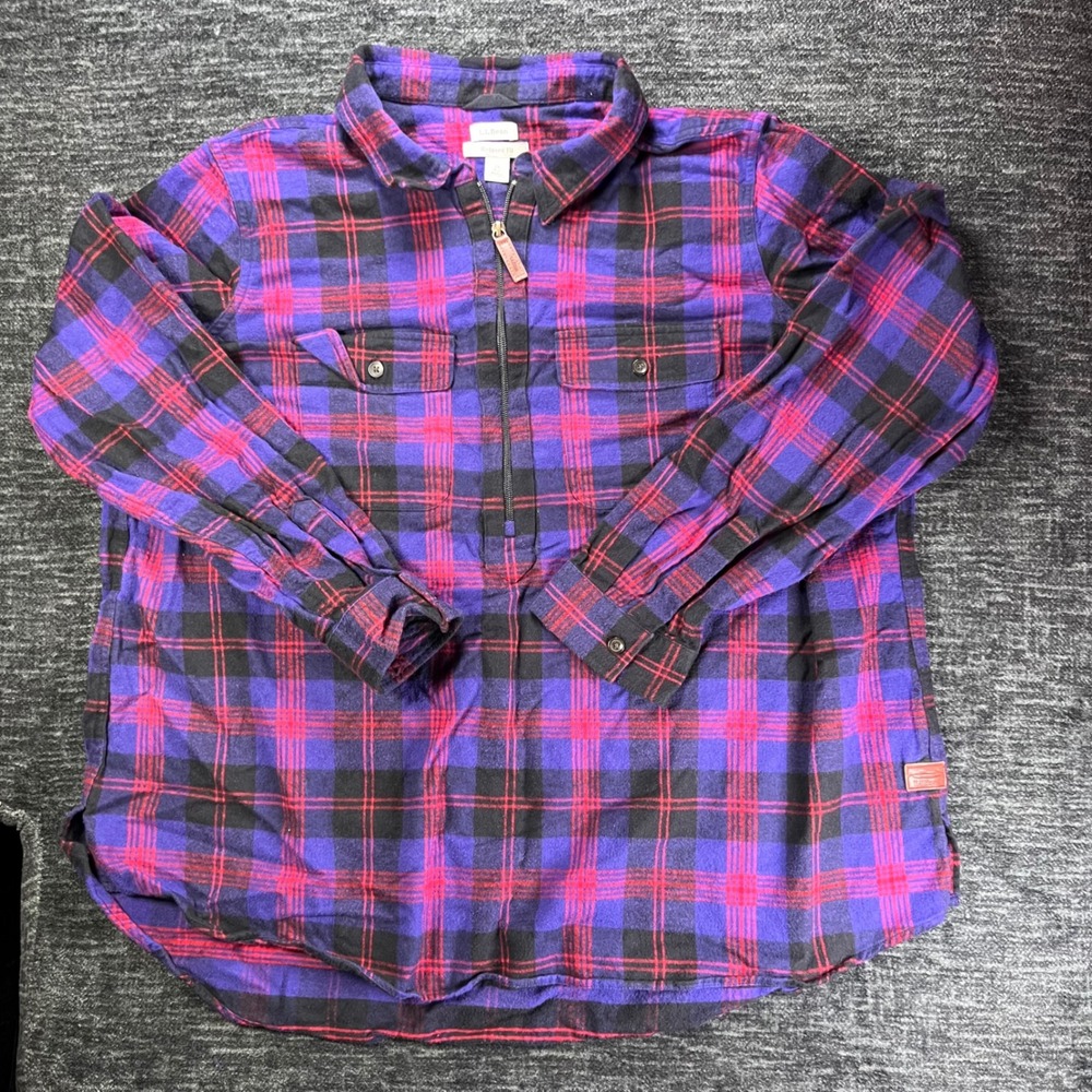 L.L.Bean Flannel Shirt Women Plus Purple Plaid Relaxed Fit Quarter Zip Pullover